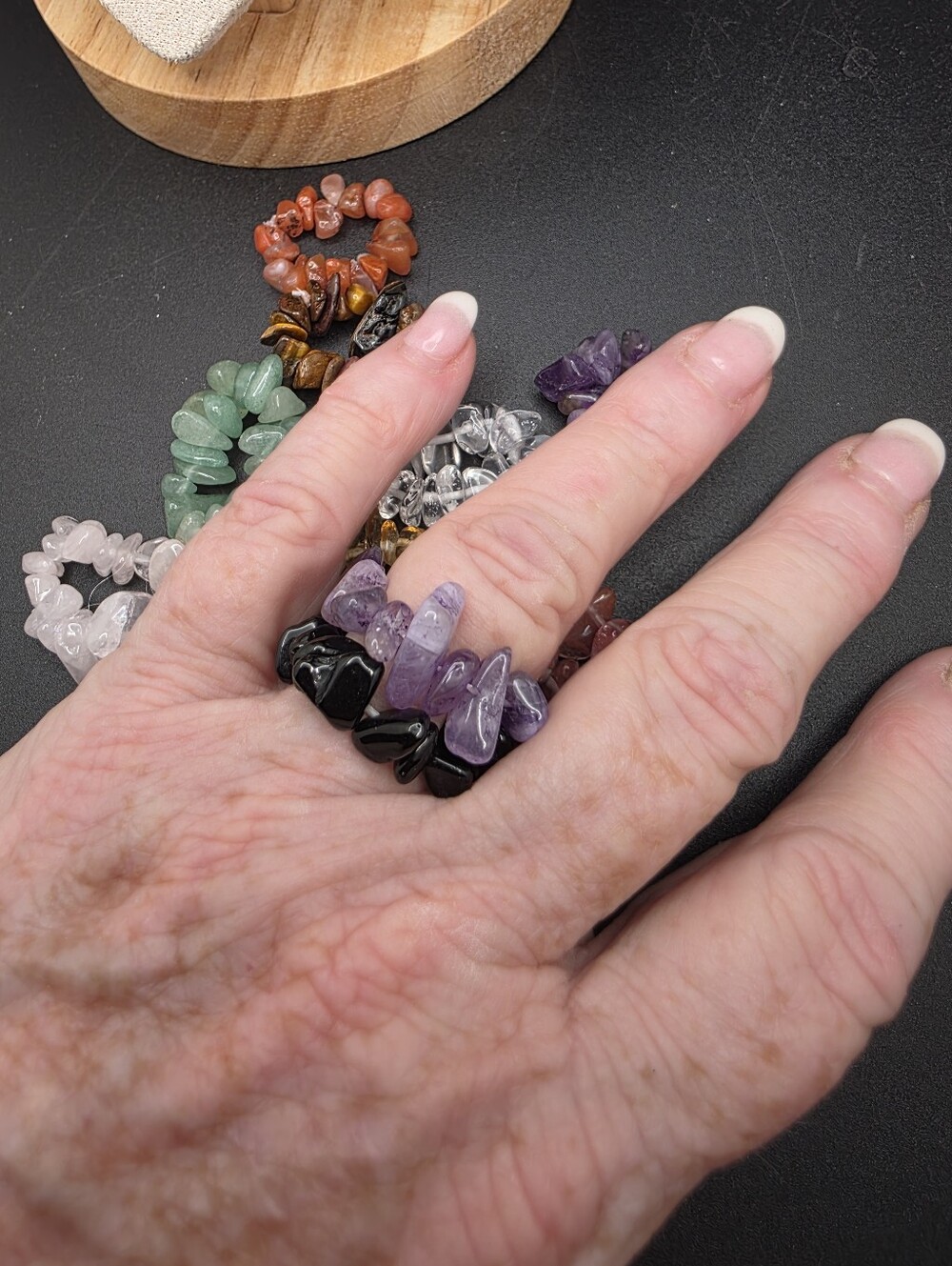 Amethyst and Black Stone Stretch Ring  (Set) (2439)